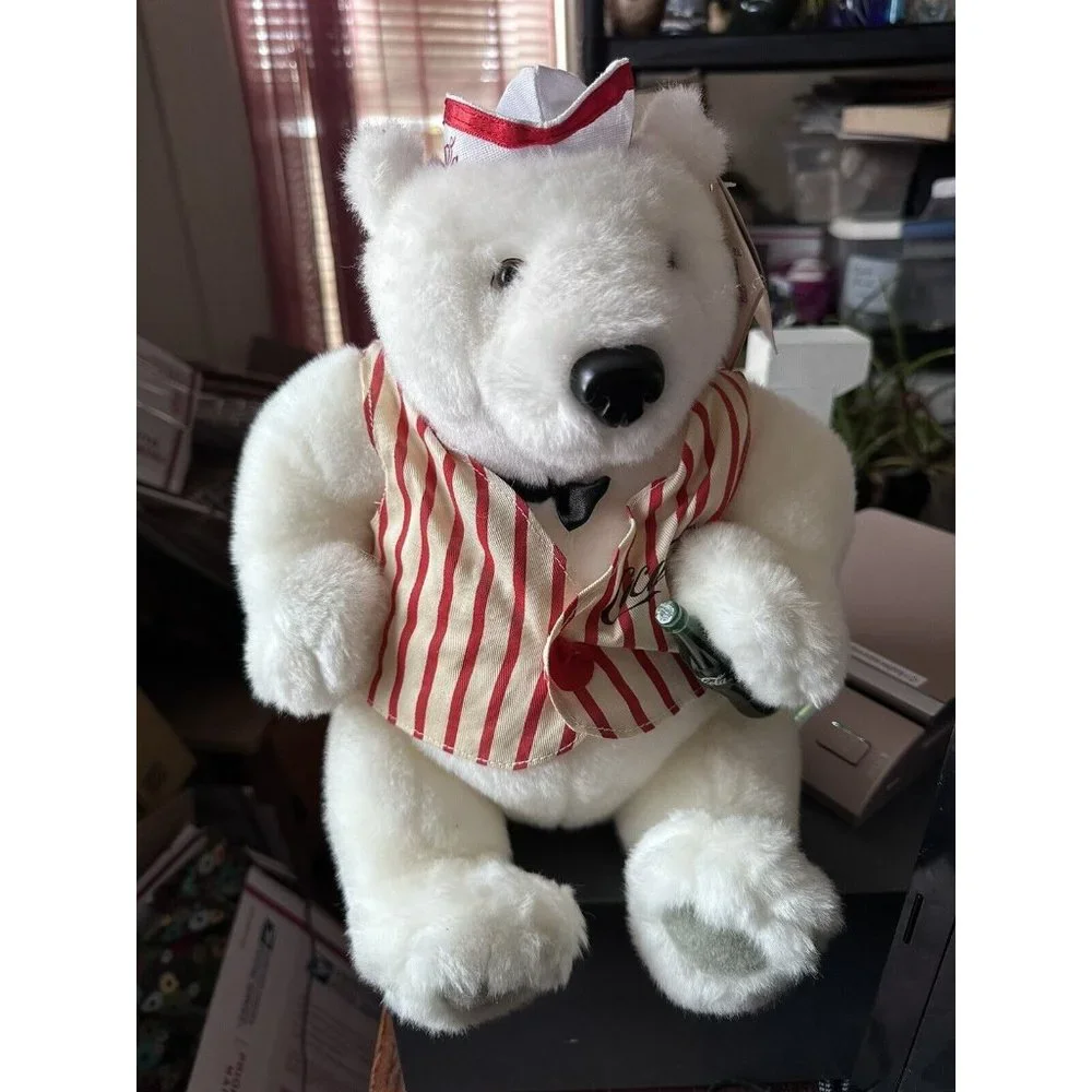 1998 Coca‎ Cola Polar Bear Plush Soda jerk Hat Vest & Coke Bottle Original Tags